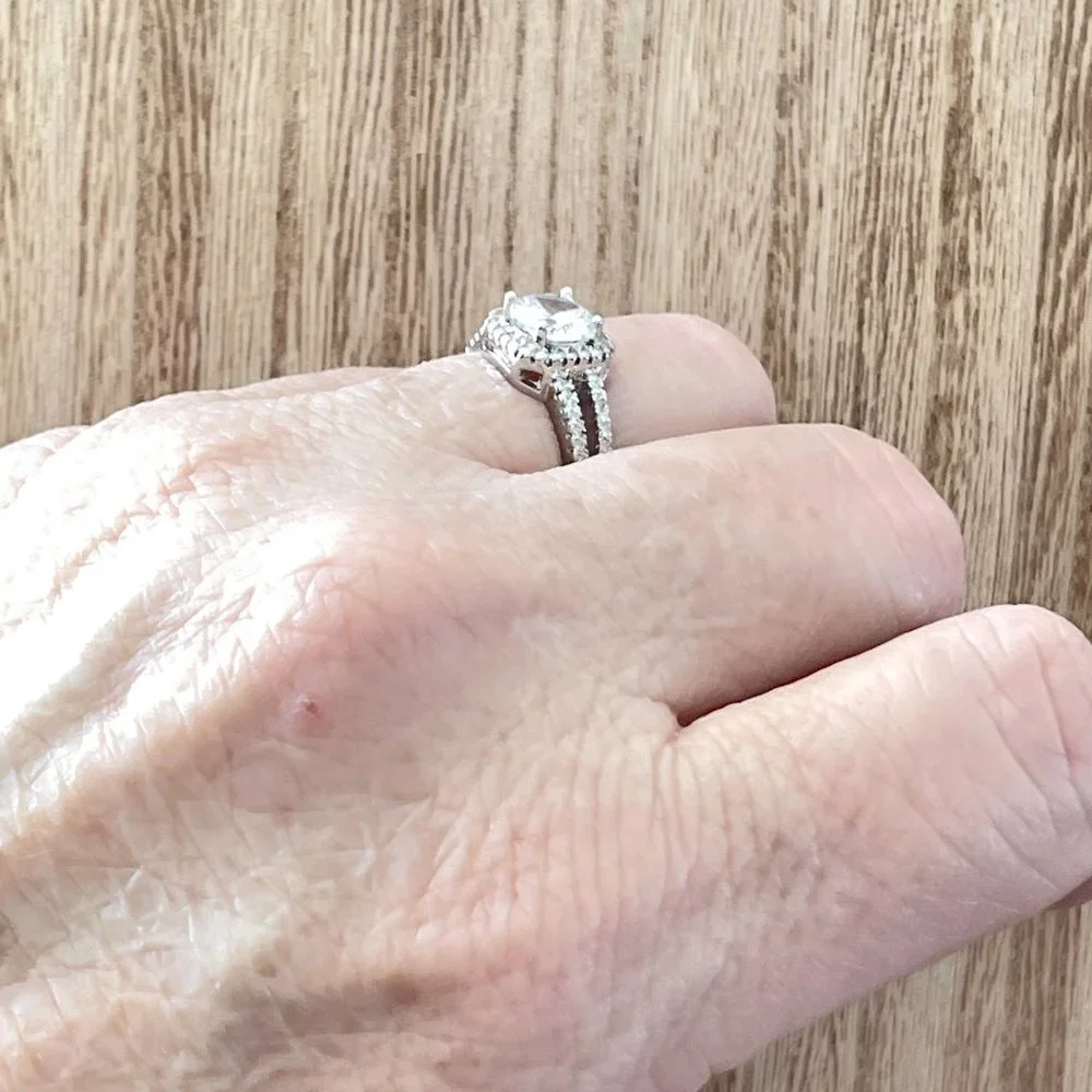 Round White Sapphire Halo Ring w/ Split Shank - 925 Sterling Silver - Picture 5 of 5